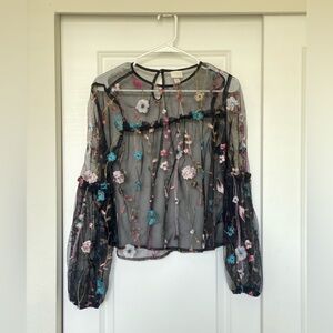 H&M Sheer Black Blouse with Colorful Floral Embroidery